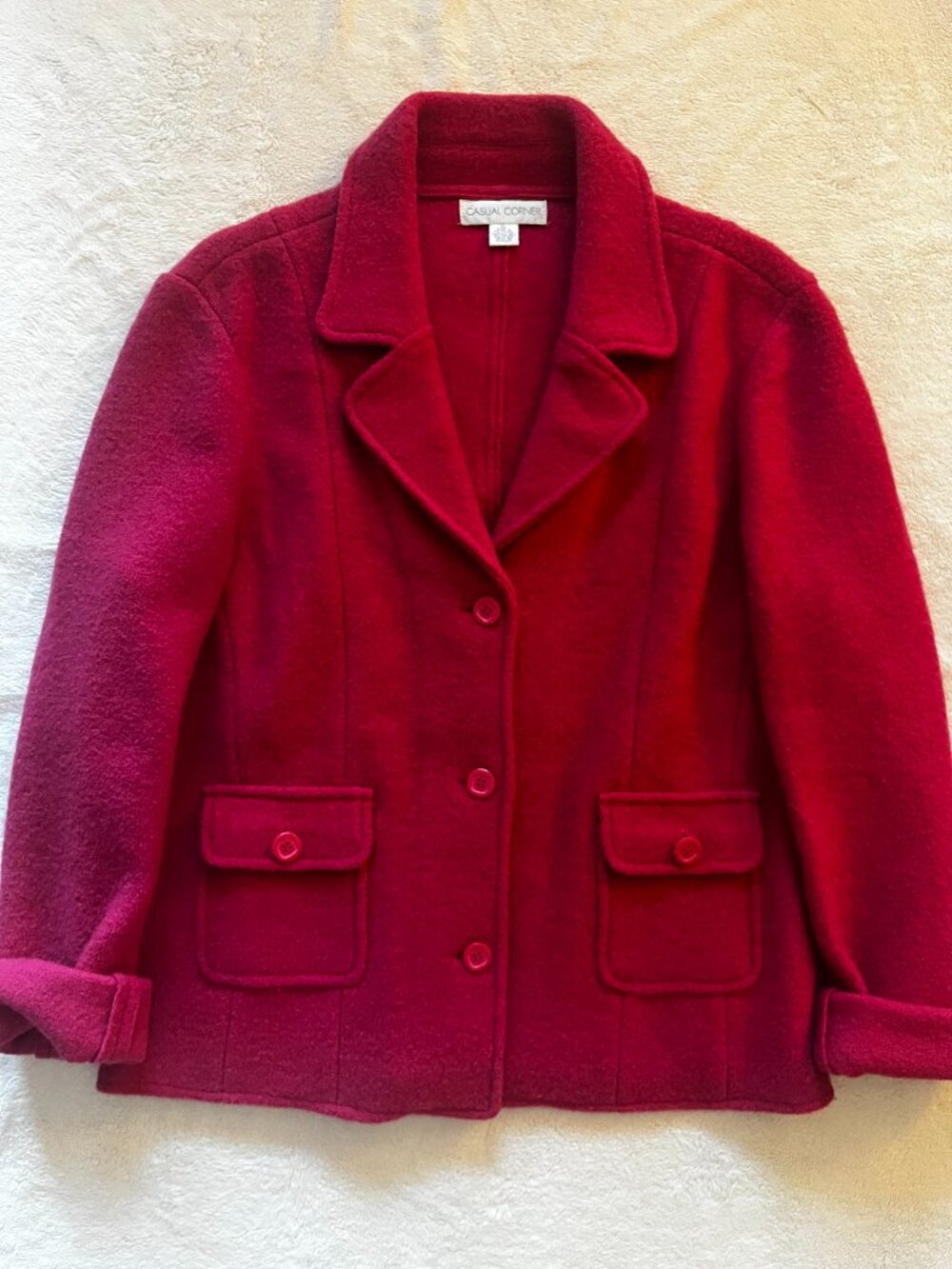 Vintage 80s 90s Casual Corner Raspberry Red Tailored Jacket 100% Wool